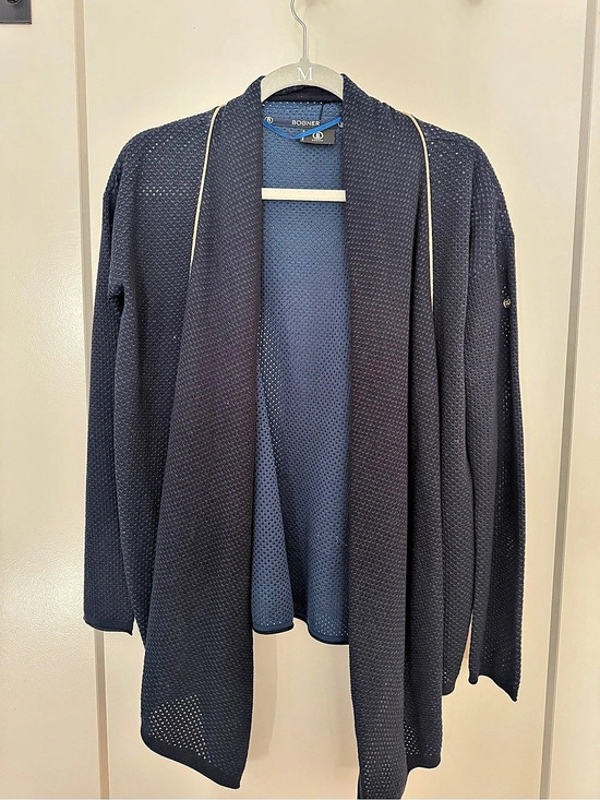 Bogner Sweaters - Bogner Open-Front Textured Cardigan in Blue Size Medium